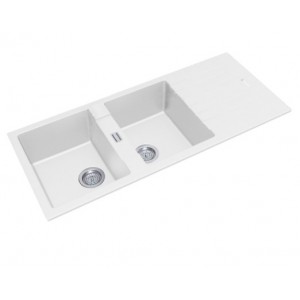 Aqu White Granite Quartz Stone Kitchen Sink Double Bowls Drainboard